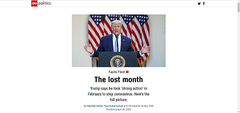 △ 美国有线新闻网(CNN)用事实证据批评特朗普政府白白浪费了2月的防疫“关键期”。