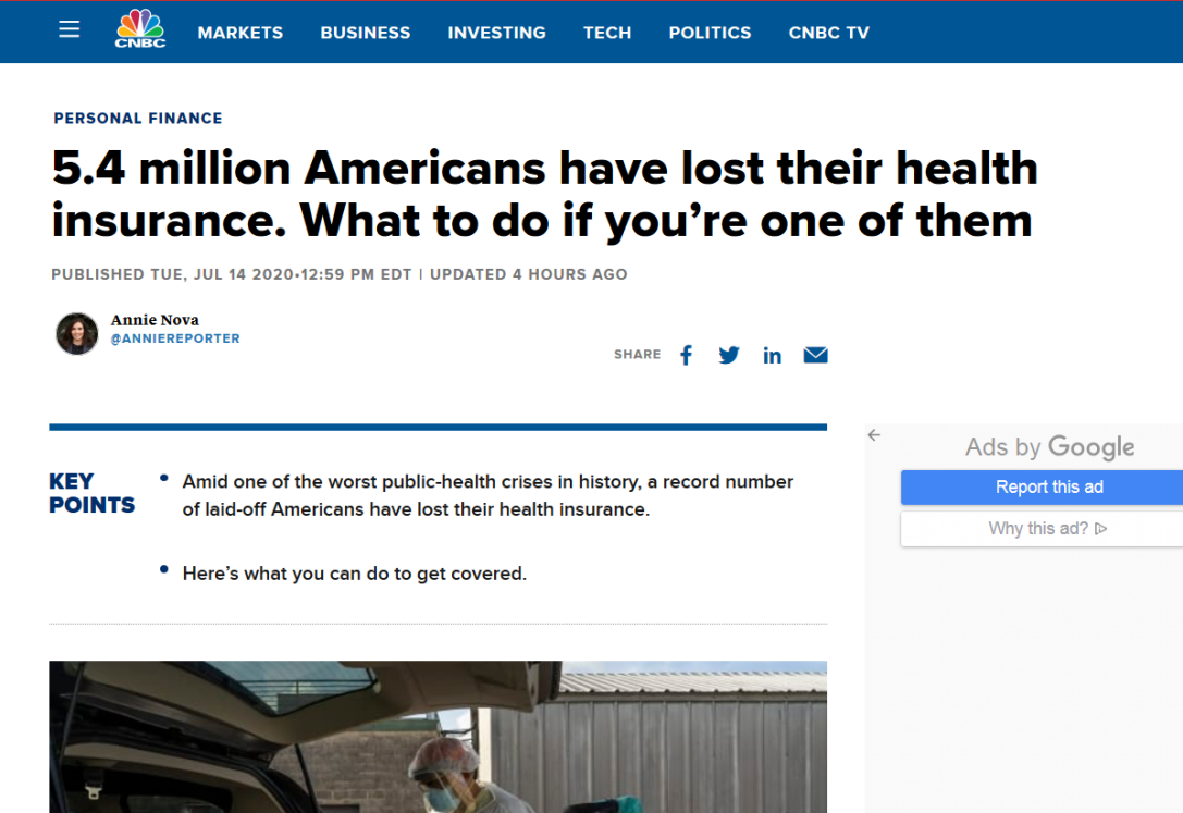 △CNBC发表文章《540万美国成年人没有医疗保险,如果你是其中一员该怎么办》