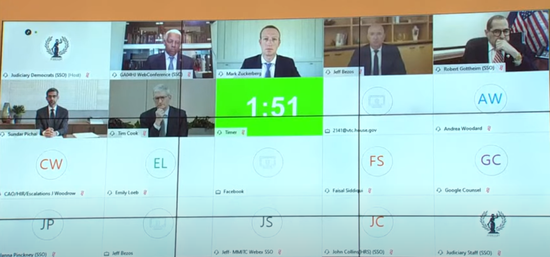 美国信息产业四大科技巨头谷歌、苹果、亚马逊和Facebook CEO参加众议院反垄断委员会组织的听证会