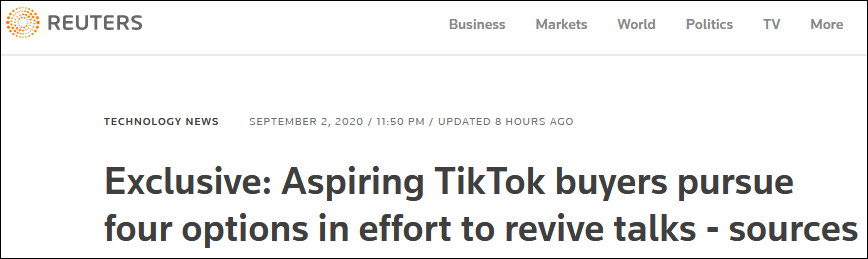 路透社独家报道:有意收购TikTok的竞购方正讨论四套方案,以恢复谈判