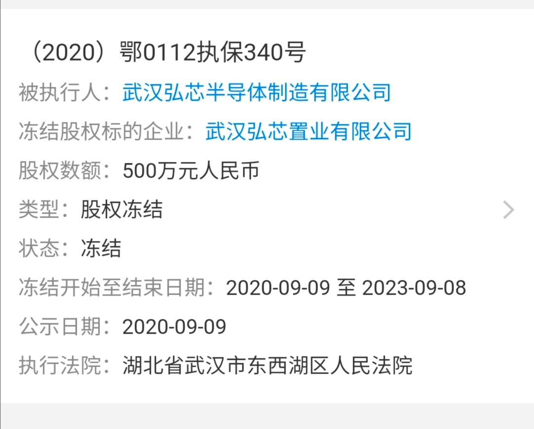 烂尾千亿工厂武汉弘芯卷入数个新官司,数百万股权遭法院冻结