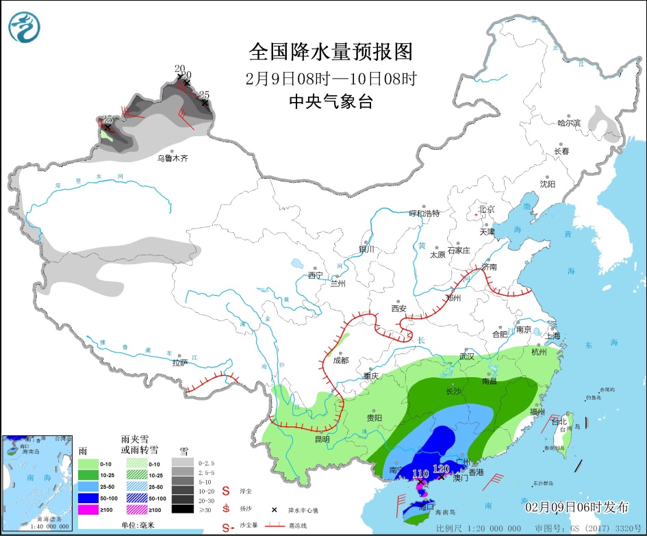 △全国降水量预报图(2月9日08时—10日08时)