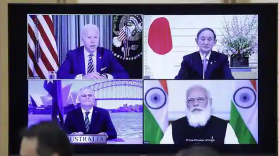 美国总统拜登(左上)、日本首相菅义伟(右上)、澳大利亚总理斯科特·莫里森(左下)、印度总理纳伦德拉·莫迪(右下)于3月12日进行线上四方安全对话。